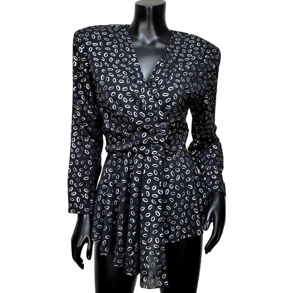 Leger Vintage 80s 90s Black Silver Metallic Oval Print Wrap Peplum Blouse